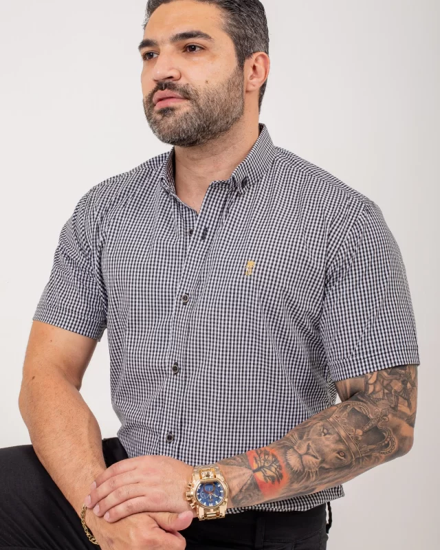 CAMISA ADULTO MICROXADREZ PRETO E BRANCA MC