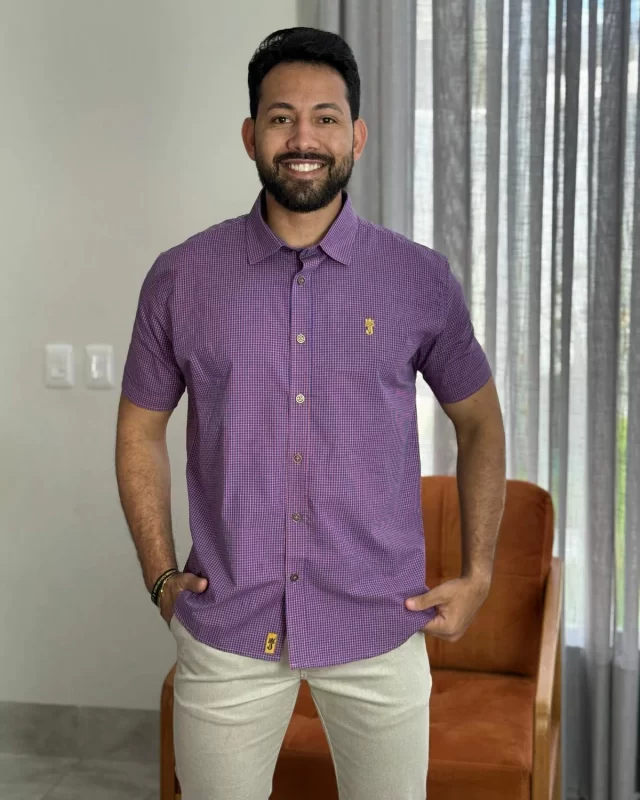 CAMISA PREMIUM MICROXADREZ AZUL E LARANJA MC