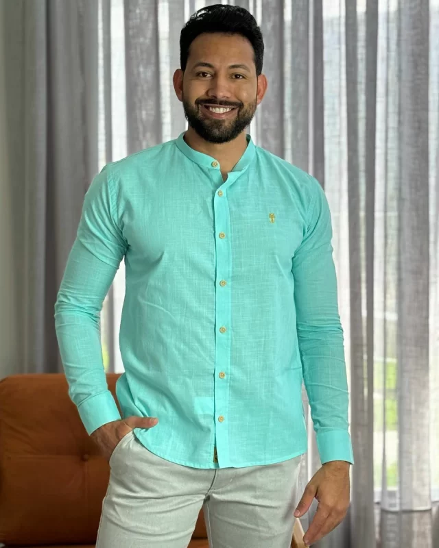 Camisa Turquesa Premium Lisa ML Gola Padre